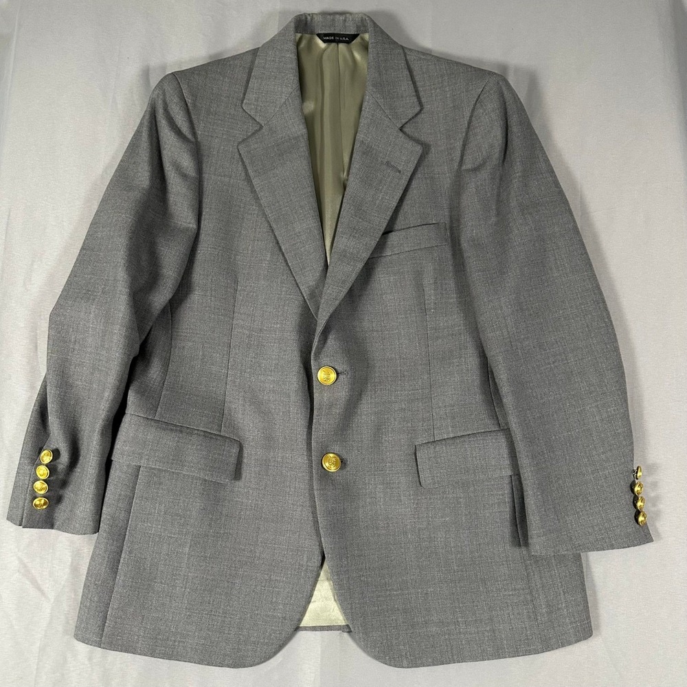 Kilgour French & Stanbury Grey Wool Blazer 36R Mens Gold Crest Buttons Made USA